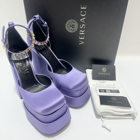 Versace Aevitas IT 37 US 7 Platform Purple Orchid Satin Pump Crystal NWB $1,575 - Picture 6 of 14